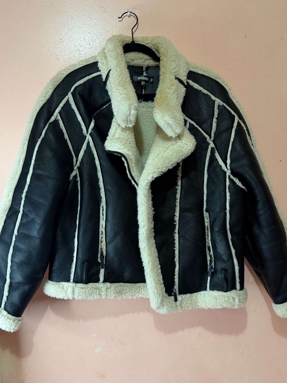 Missguided Black White Faux Shearling Aviator Trim Jacket — US 12